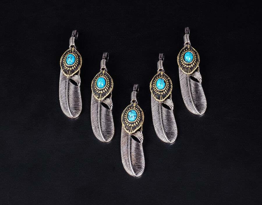 10PC Vintage Silver&Copper Turquoise Feather Leaf Leathercraft Necklace Pendant Unbranded Does not apply