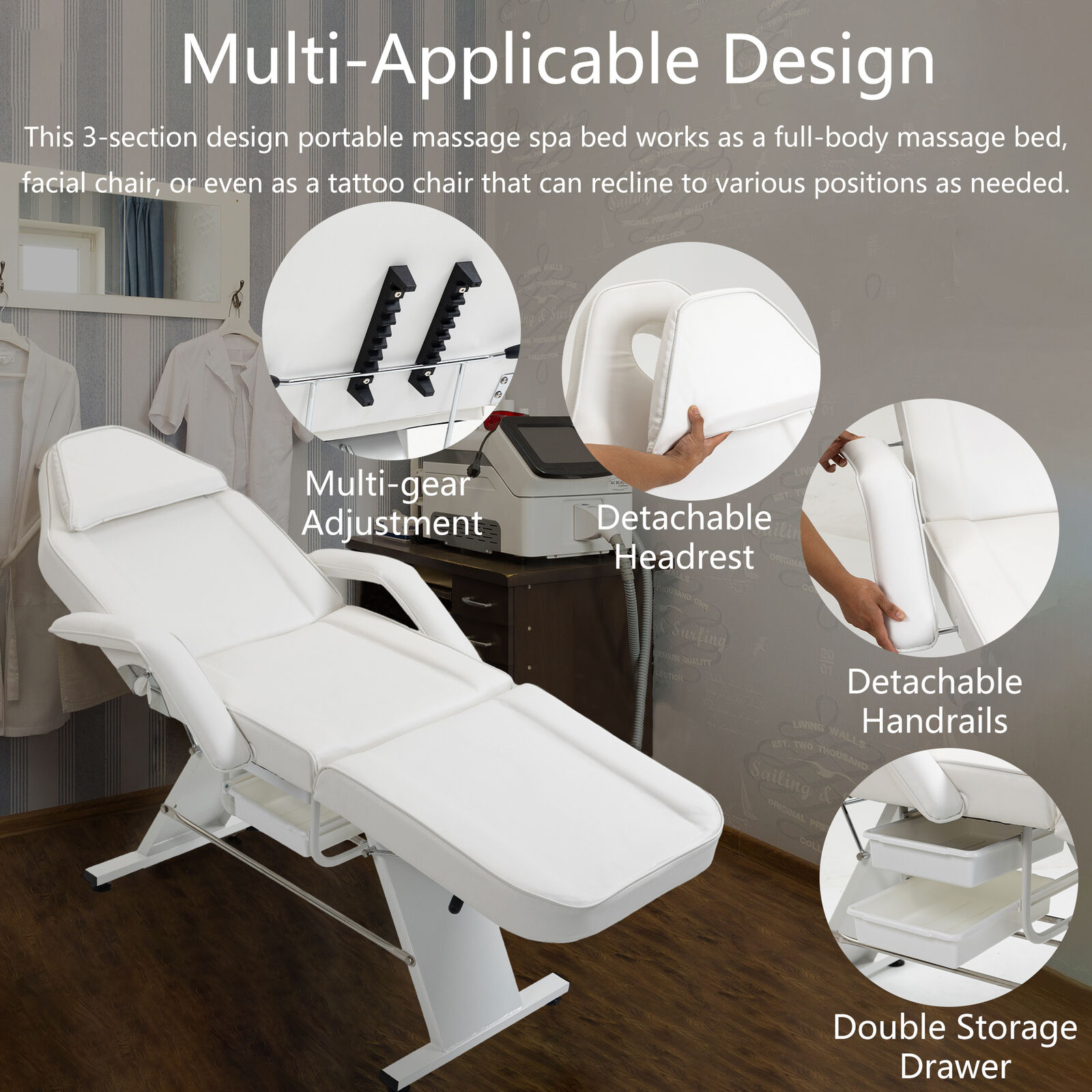 Massage Salon Tattoo Chair Multi-Purpose 3-Section Facial Bed Table Unbranded - фотография #4