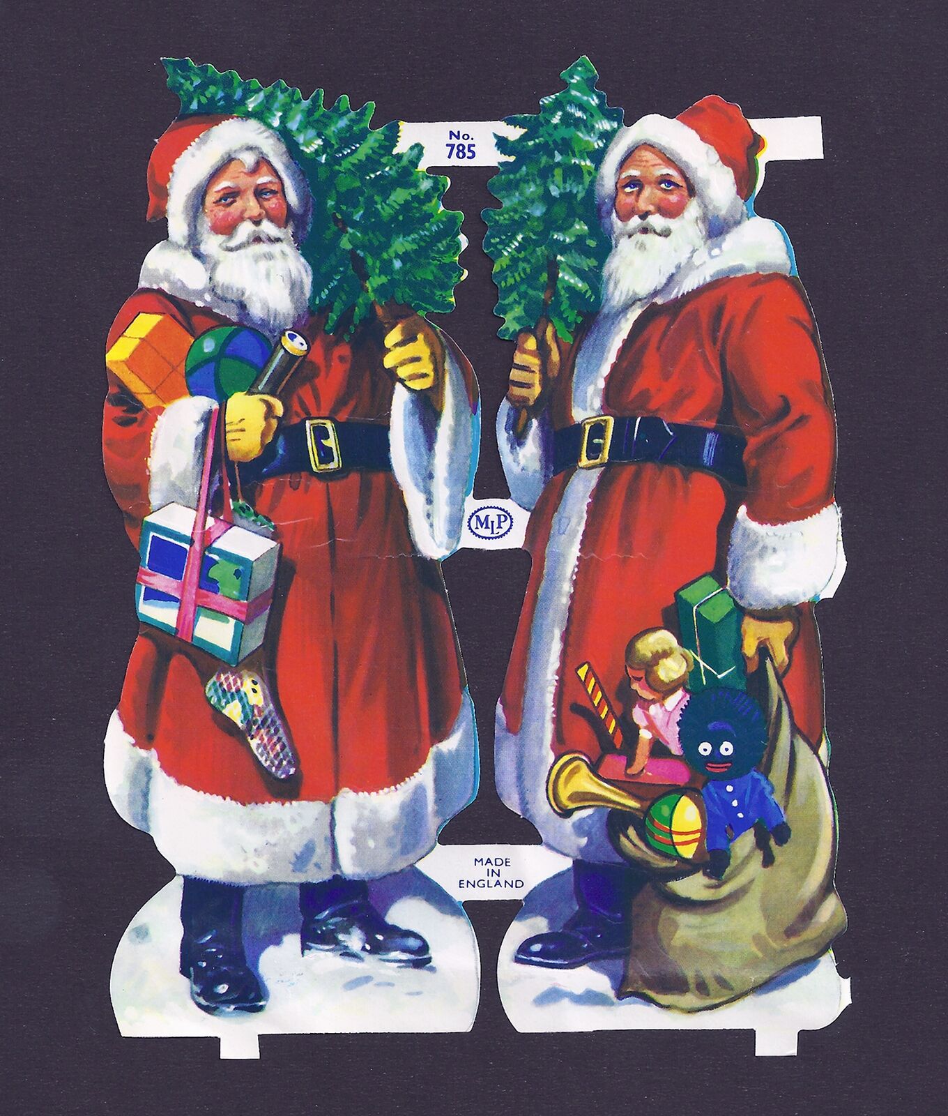 Twin Father Christmas / Santa Claus Die Cut Embossed Paper Litho Figures English Без бренда