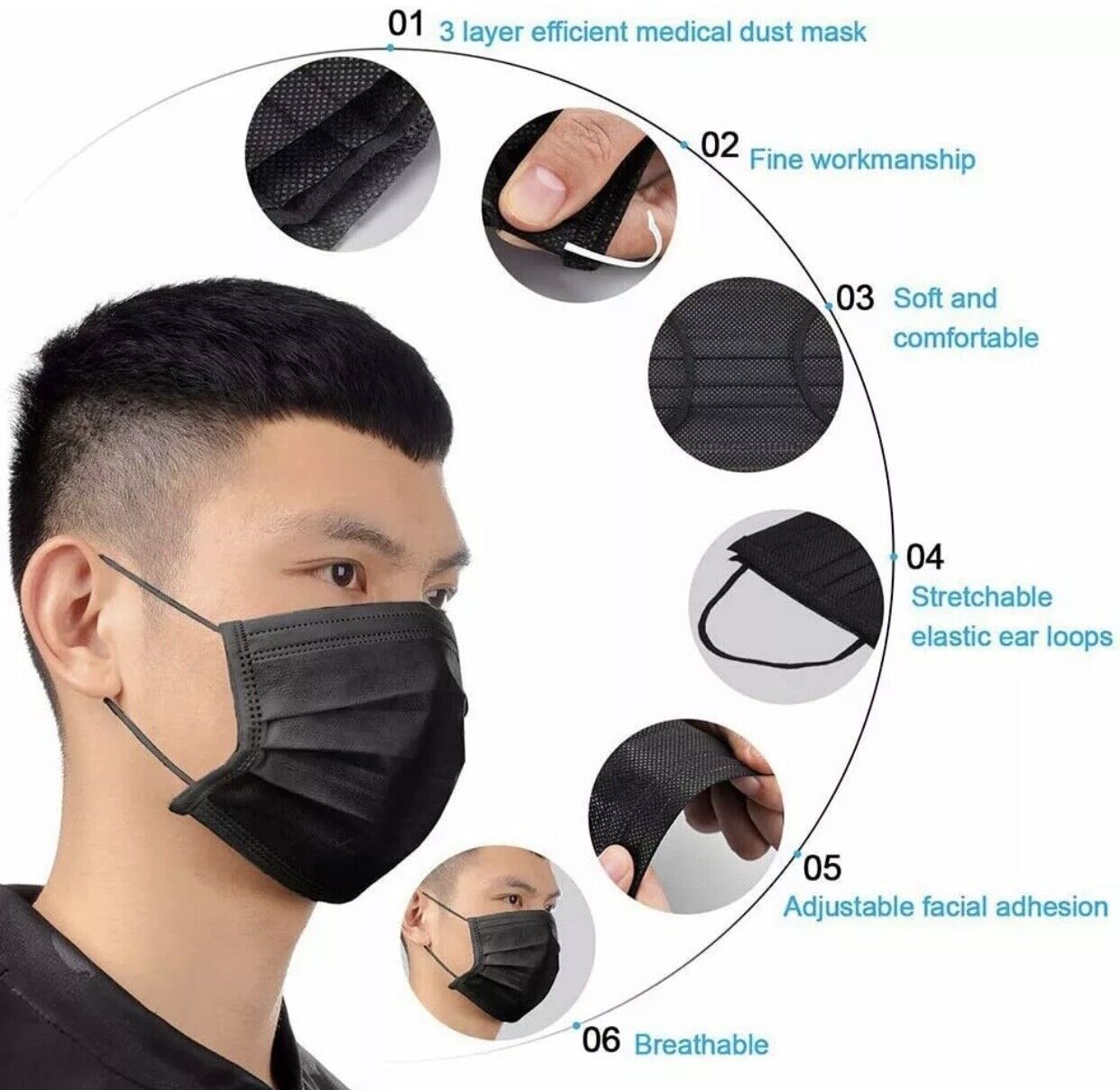 50 PCS Black 3-Ply Disposable Face Mask Non Medical Surgical Earloop Mouth Cover Unbranded/Generic Not Applicable - фотография #4