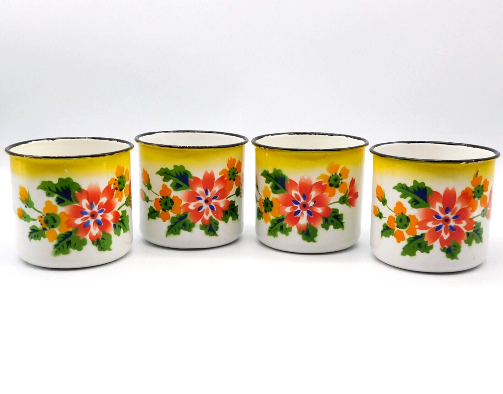 VTG 14 pc Metal Rossini Enamel Ware Floral Set 2 plates 8 bowls 4 cups Hong Kong Rossini - фотография #11