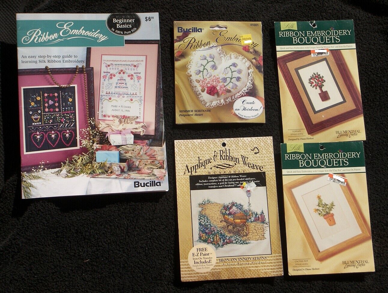 4 Kits Beginner Ribbon Embroidery Cactus Topiary Medallions Ornaments Flowers Unbranded
