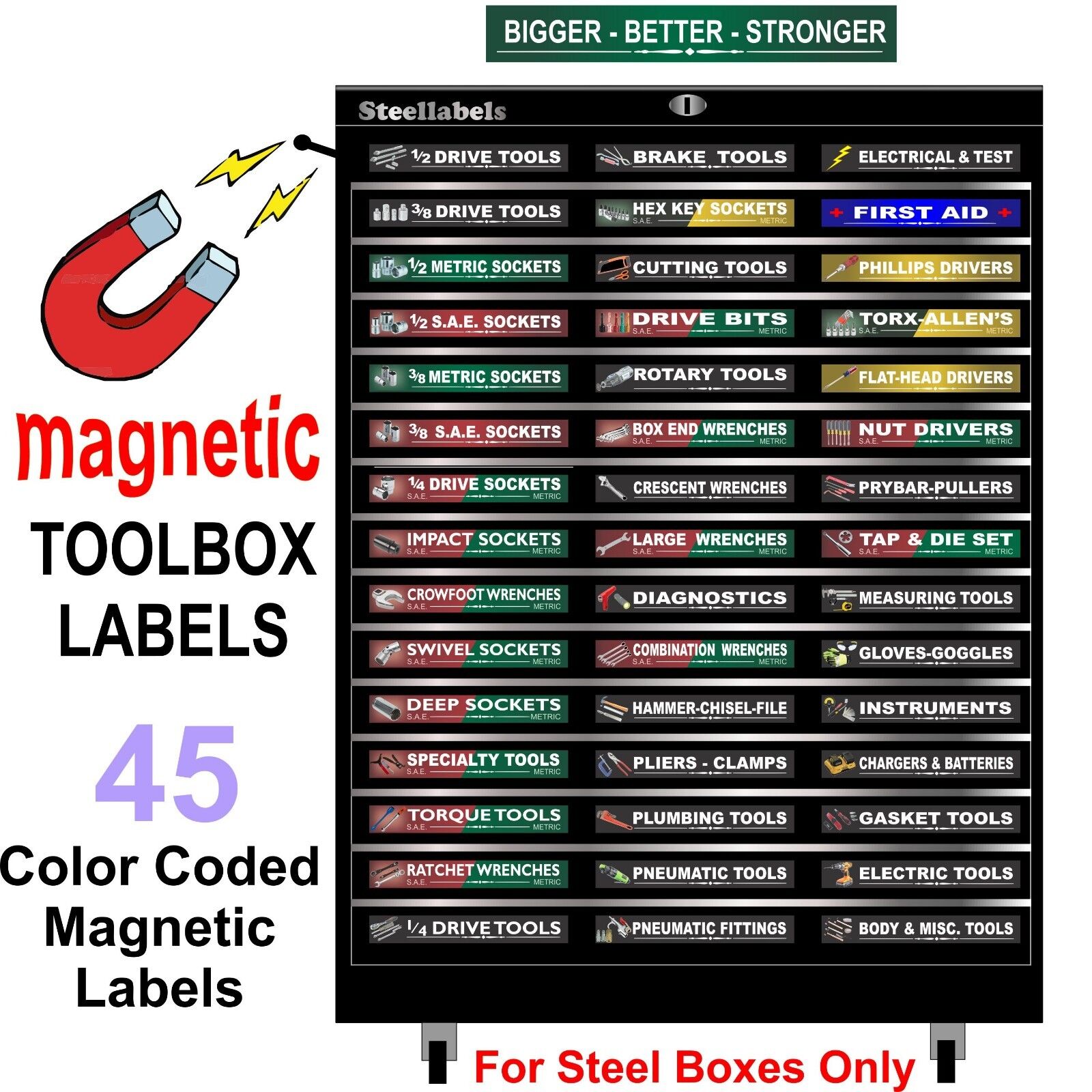 Ultimate Magnetic TOOLBOX LABELS fits all steel boxes tool chest & cabinets  SteelLabels.com UMAGG001 - фотография #2