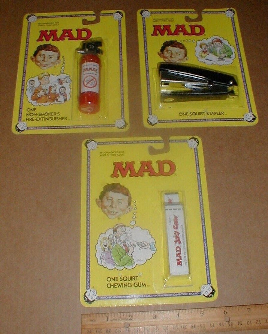 Mad Magazine Alfred E Newman Lot 3 rare Chewing Gum Fire Ext Stapler Squirt Toys EC publications