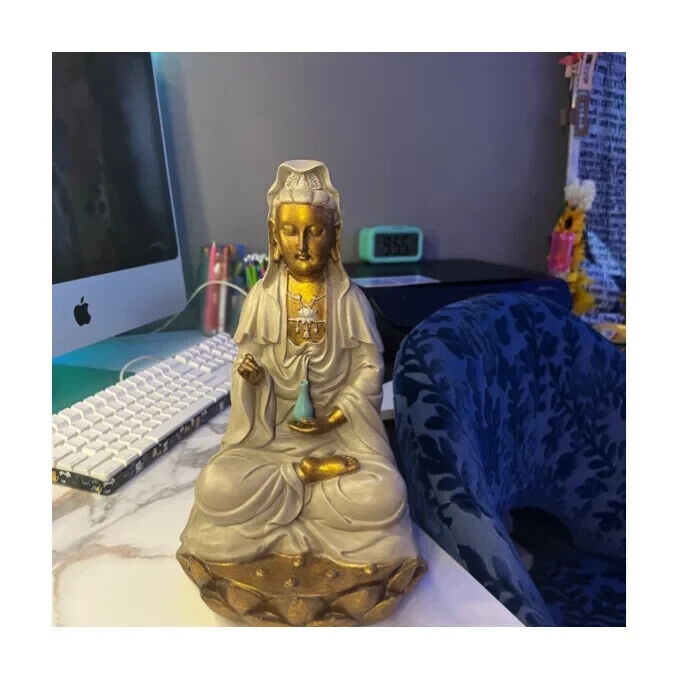 Quan Yin Buddha Sitting on a Lotus Statue, Guanyin, Kwan, Asian Bodhisattva Deco Без бренда - фотография #3
