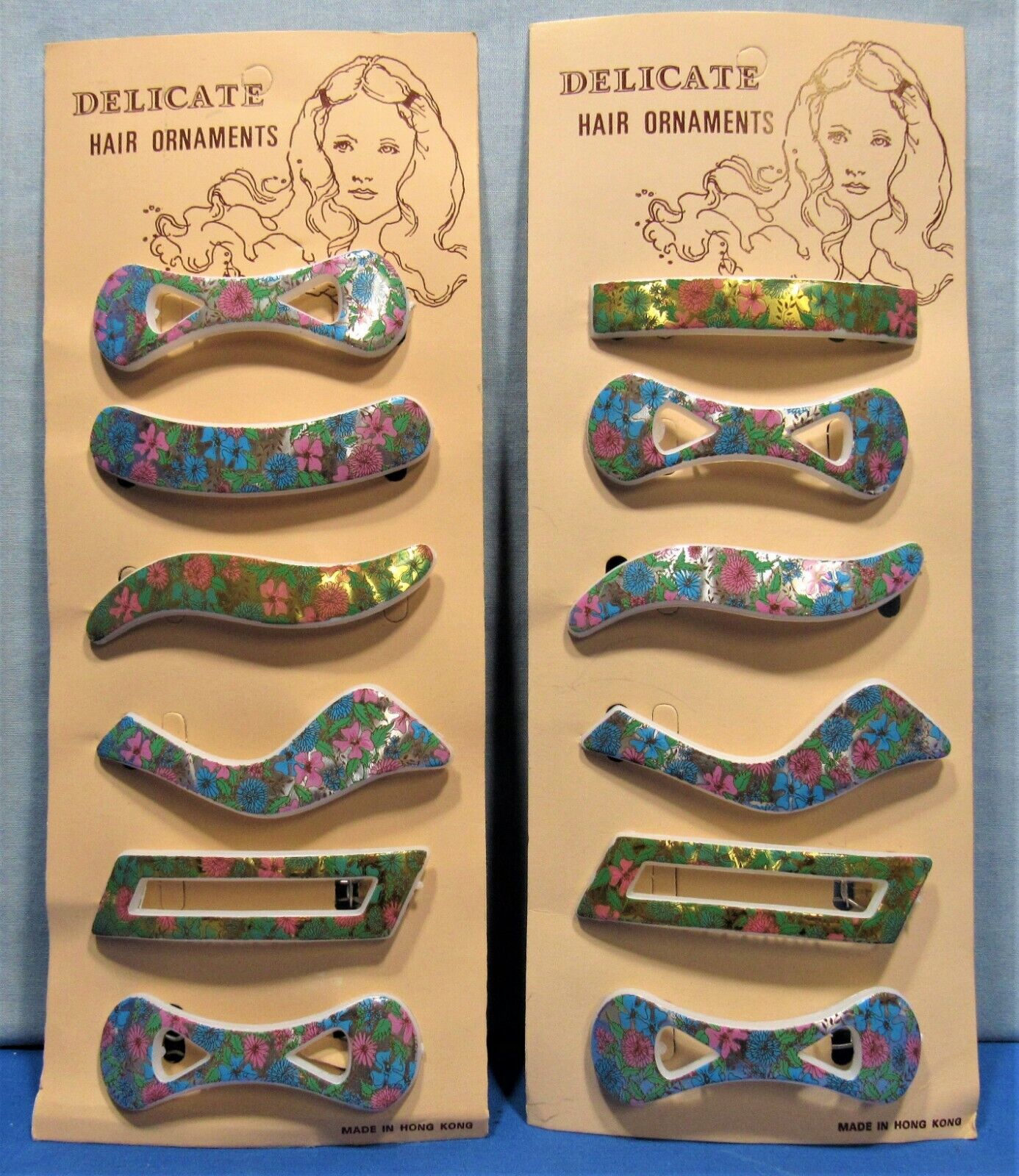 Flowered Vintage Barrettes ~ 2 Hippie Style 1960’s Dime Store Display Cards of 6 Unbranded