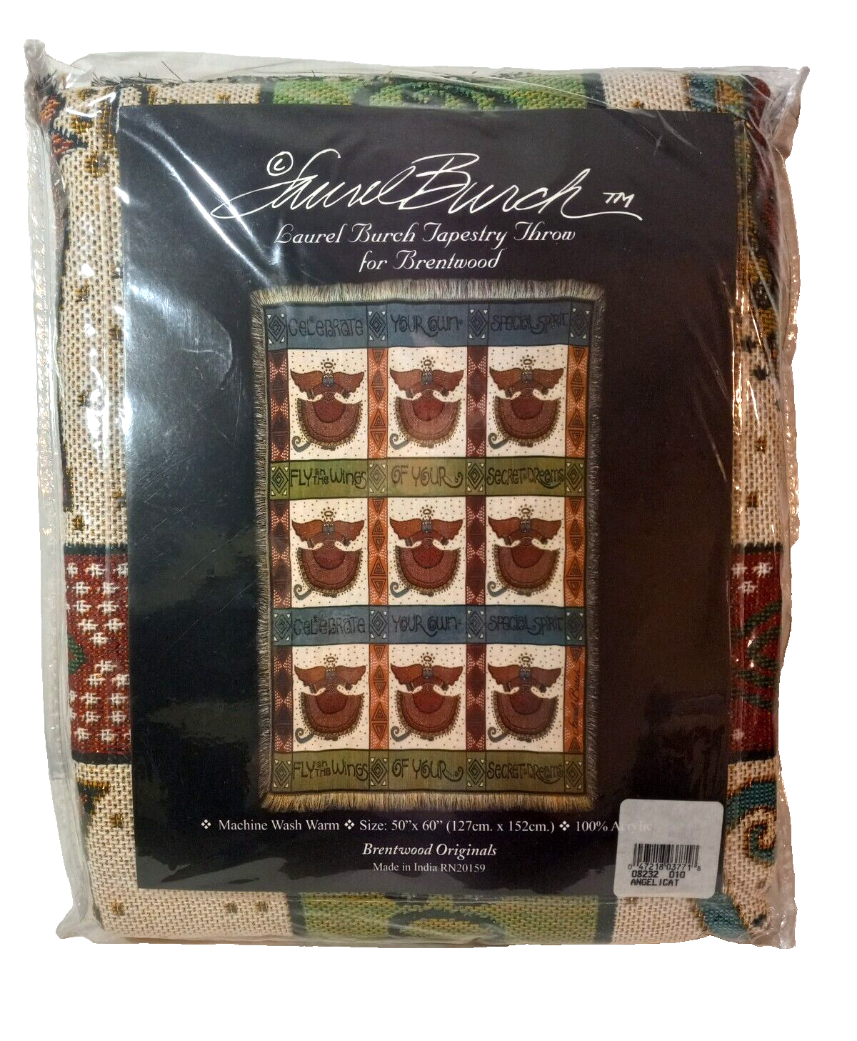 Laurel Burch Tapestry Throw Blanket "Angelicat " Colorful Angel Cats 50X 60 New Laurel Burch
