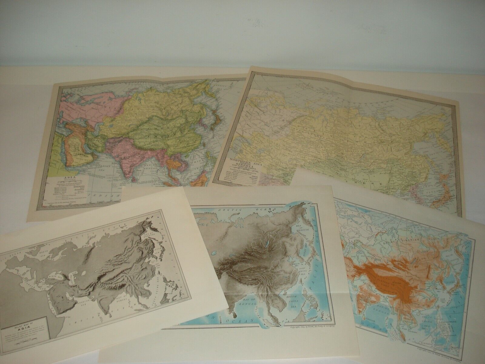 Lot of 5 Antique Maps 1903 1904  Asia Colorful Map Relief Rand McNally Без бренда