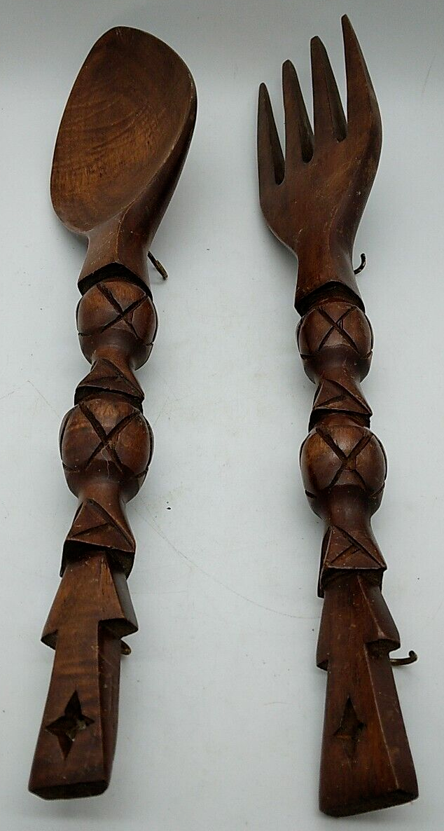 Vintage Large Carved Wooden Fork & Spoon Wall Decor 20 1/2 Inch Wood Tiki Totem Без бренда