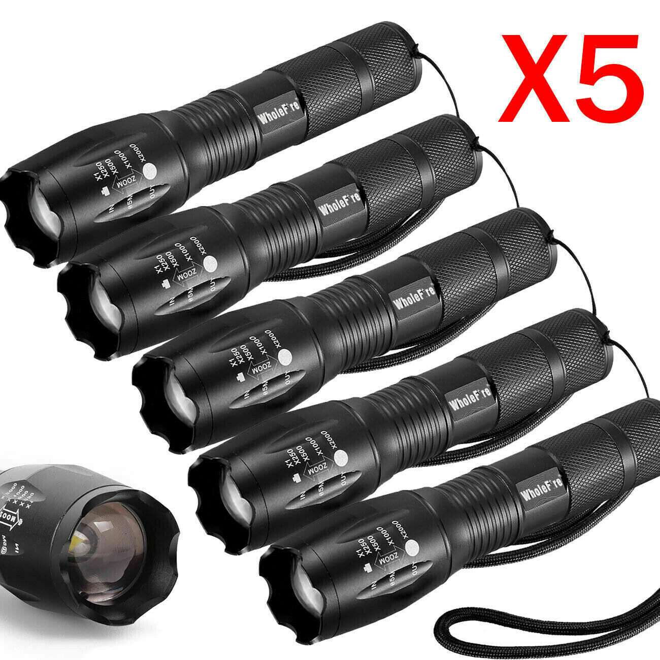 5X Tactical 18650 Flashlight LED High Powered 5 Modes Zoomable Aluminum Light Wholefire X800