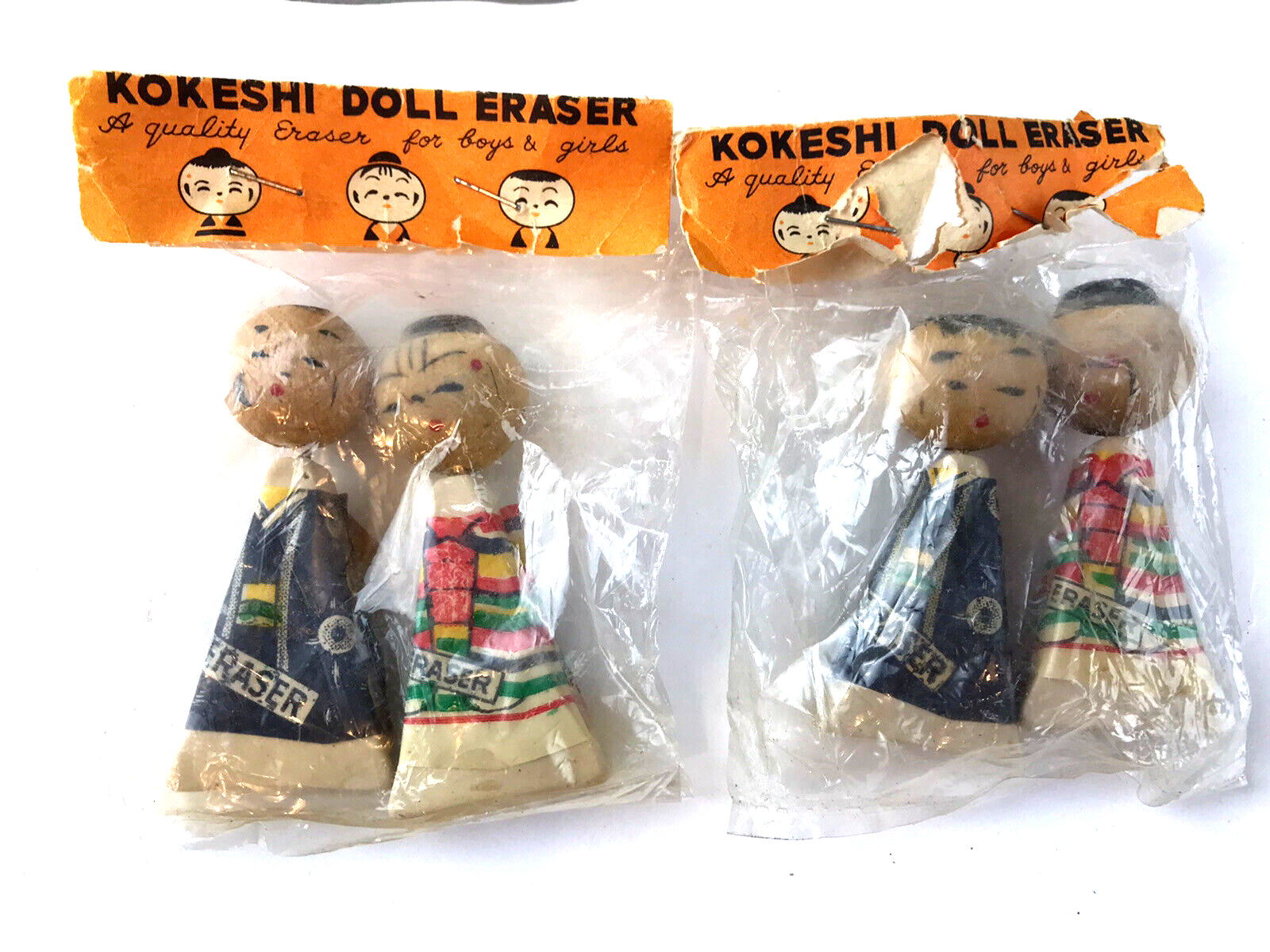 NOS Kokeshi Doll Erasers 2 Packs Dime Store NOS Wooden Heads Japan Japanese Без бренда