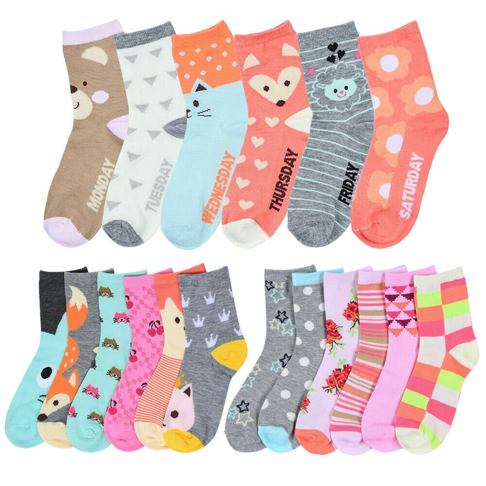 6 Pair Girls Socks Size 4-6 Crew Low Cut Quarter Kids Novelty Assorted Designs Mopas Mopas-PR_04-6 6prs)