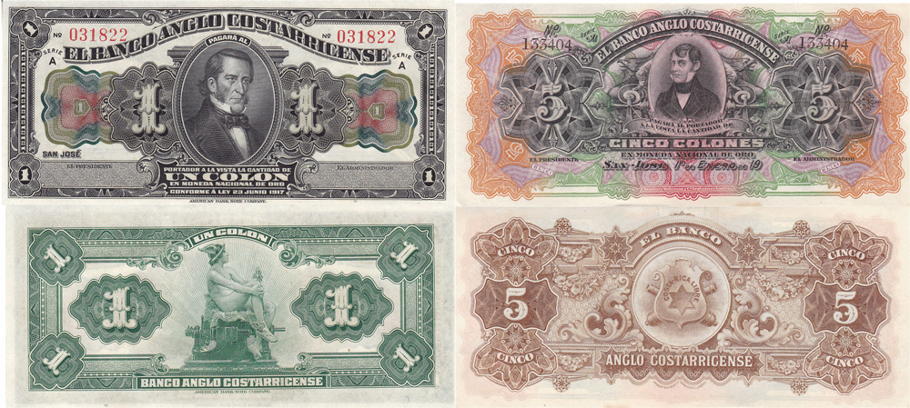 1917 Costa Rica 1 & 5 Colones Pick# S121r & S122r 2 Note Lots Uncirculated  Без бренда