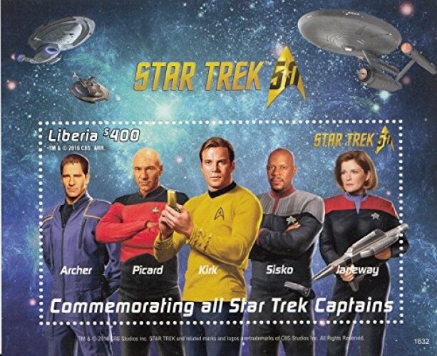Liberia 2016 Star Trek 50th Anniversary Kirk, Picard, Janeway, Sisko, Archer MNH Star Does not apply