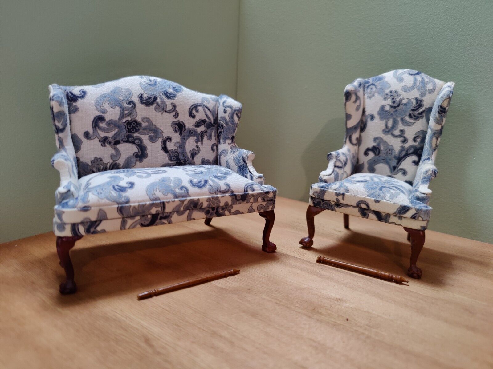 Vintage 1:12 Dollhouse JBM Blue & White Settee and Armchair Repairs Needed JBM