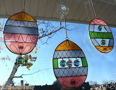 SET OF 3 STAINED GLASS OVAL SUNCATCHERS TIFFANY STYLE MARBLES & WIRE EASTER EGGS Lillian Vernon 044667 - фотография #8