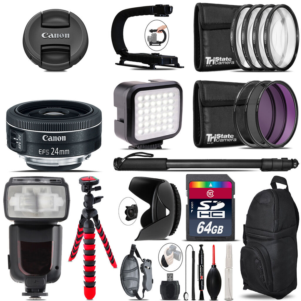 Canon EF-S 24mm f/2.8 STM Lens - Video Kit + Pro Flash - 64GB Accessory Bundle Canon Does Not Apply