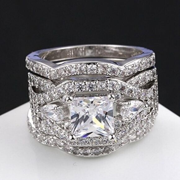 FENDINA Womens 3 PC 18K White Gold Plated Wedding Engagement Ring Set Sz 9 Fashion Jewelry