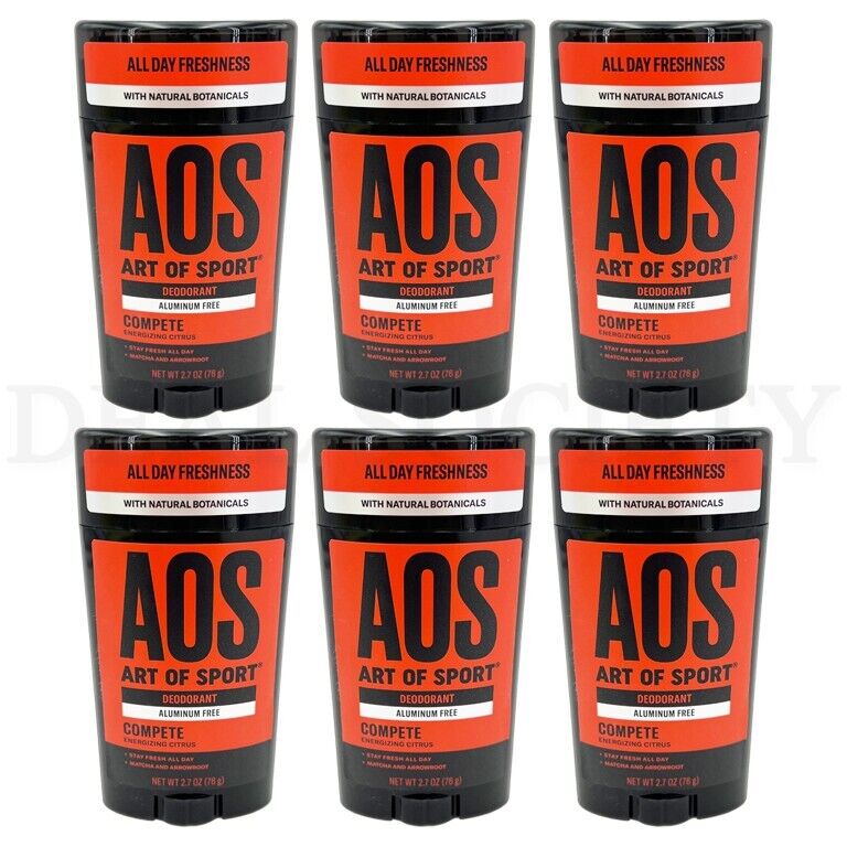 Lot of 6 - AOS Art of Sport Men’s Deodorant COMPETE Energizing Citrus, 2.7oz AOS Art Of Sport N/A