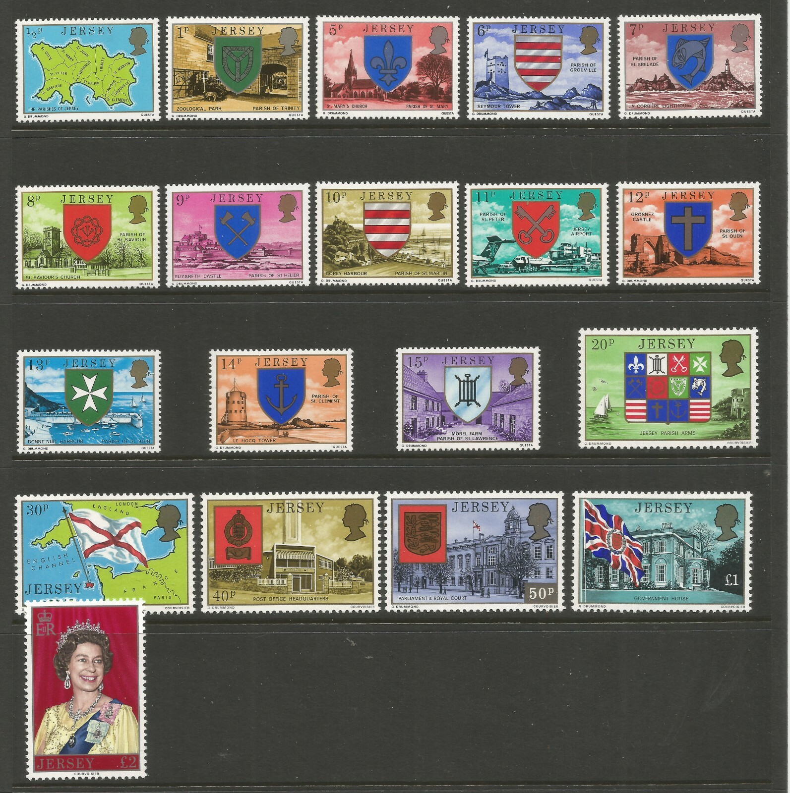 JERSEY, 1977, PARISH ARMS & VIEWS, QEII DEFINITIVE (19), MI 131-148, 172 MNH** Без бренда