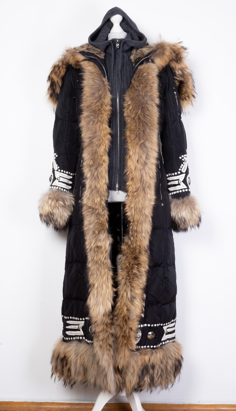 Original BOGNER Goose Down Coat Real Chinchilla Fur Jacket Parka Long Women's S Bogner