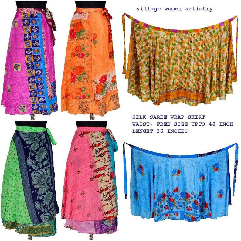 Vintage Silk Sari Recycled Magic Wrap Around Skirt Reversible Women Dress Lot Handmade Does Not Apply - фотография #7