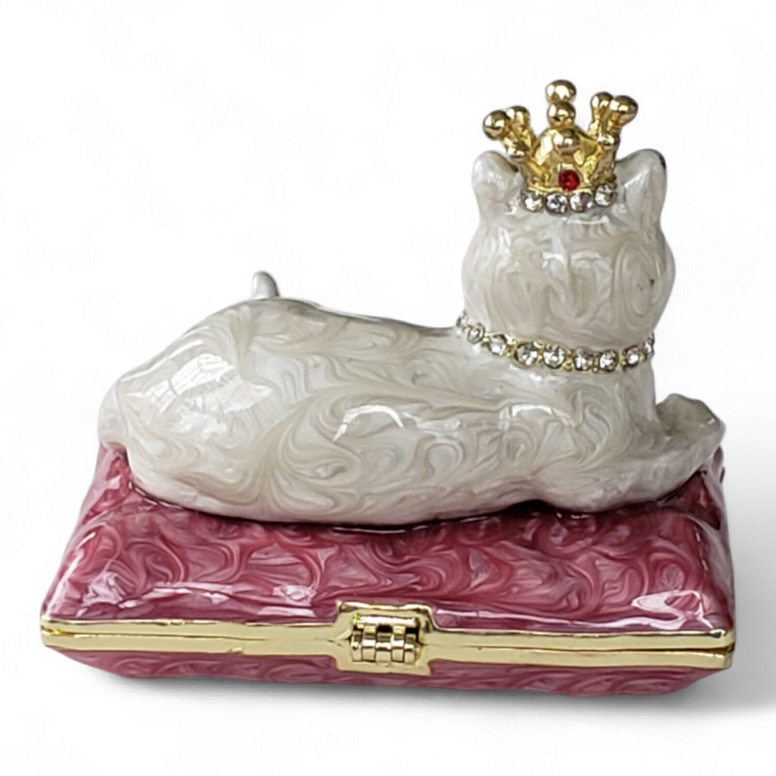 Royal Cat Jeweled Collar & Crown Opalescent Swirl Enameled Hinged Trinket Box Без бренда - фотография #7