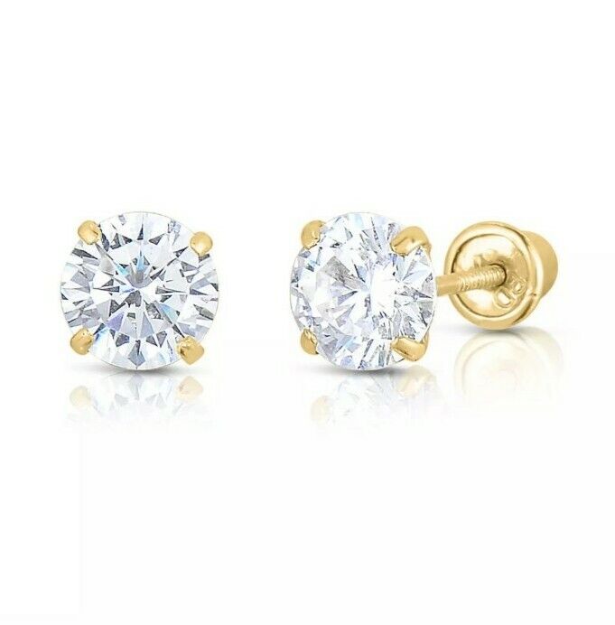 14K Yellow Gold 2mm-8mm Round CZ Stud Earring Pair With Secure Screw Back Unbranded