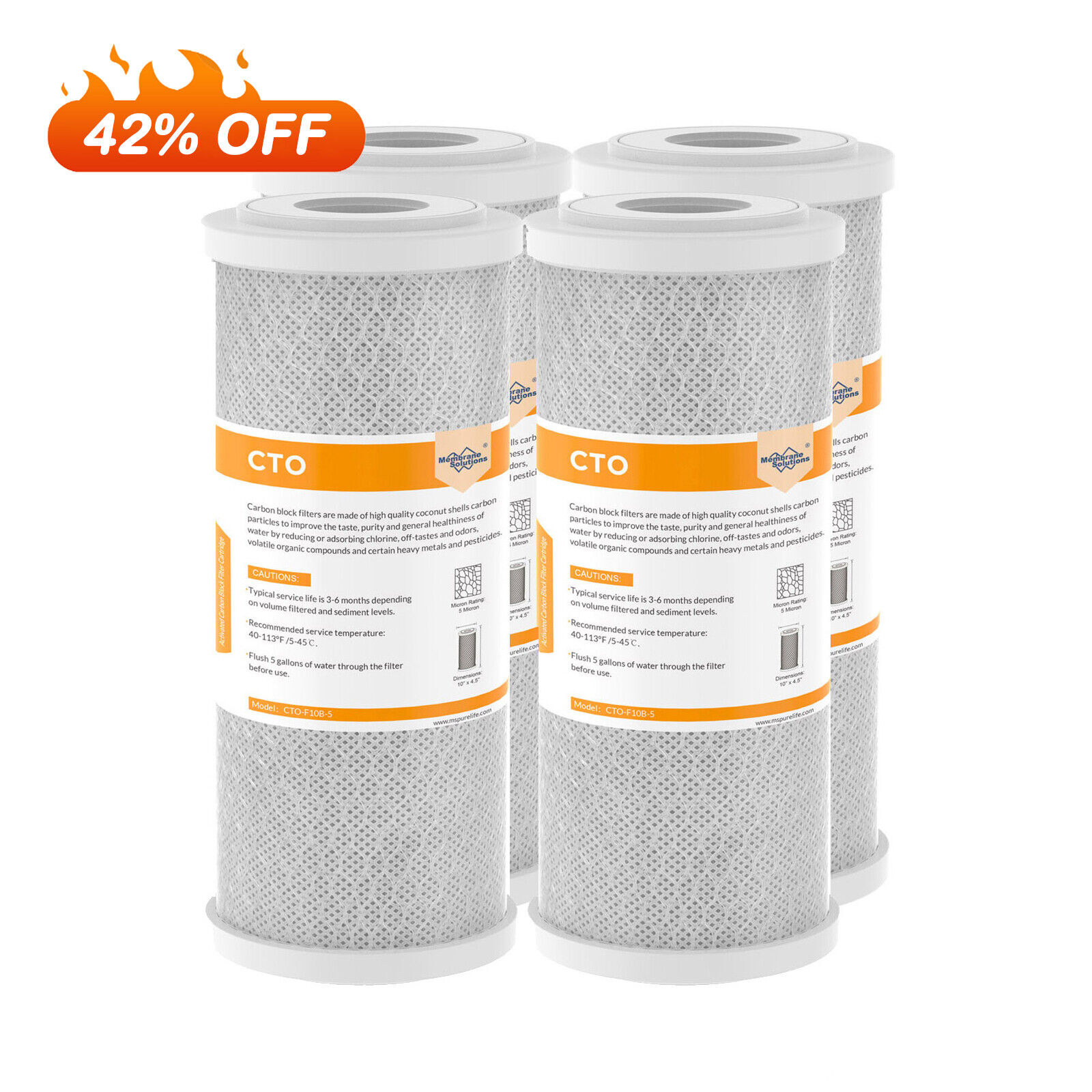 4 Pack 10" x 4.5" Whole House Carbon Block Water Filter Replacement Fit GXWH40L Membrane Solutions® CTO-F10B-5