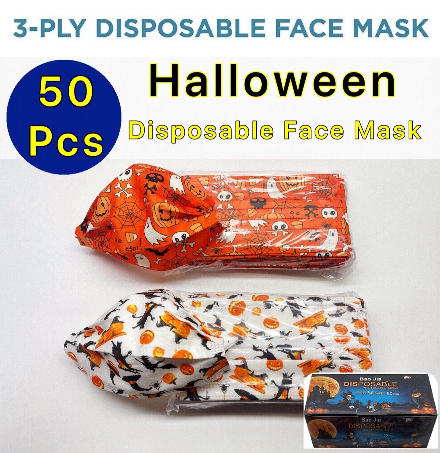 50PCS Halloween Pattern Disposable Face Mask Assorted 3Ply Protector Mouth Cover Zidian Does Not Apply