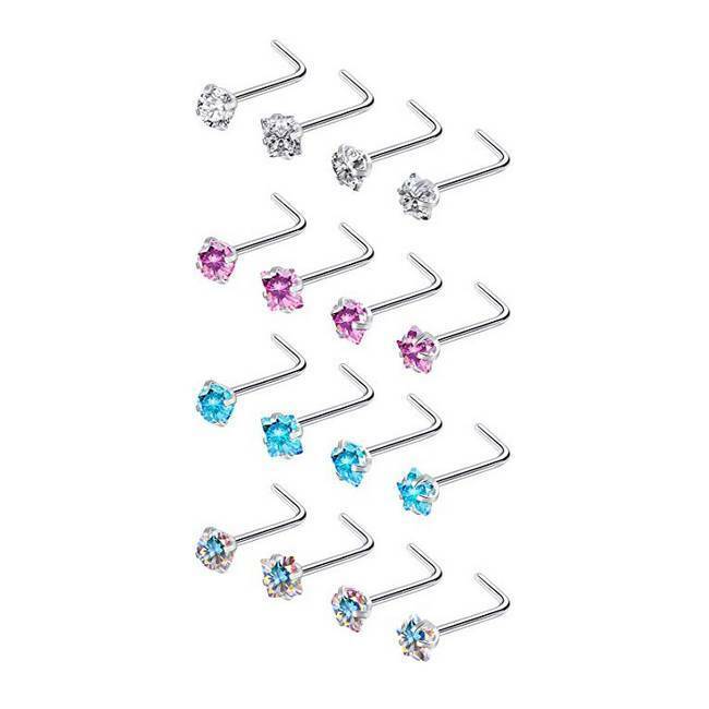 16pcs/lot CZ Surgical Steel Nose Rings L Shaped Studs Body Piercing Jewelry 20G LongBeauty Does Not Apply - фотография #5