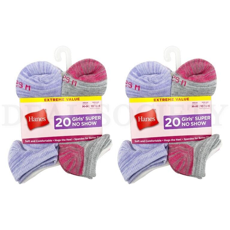 Lot of 2 - Hanes Girls' 20pk Super No Show Socks Color Variety - 40 Pairs Hanes
