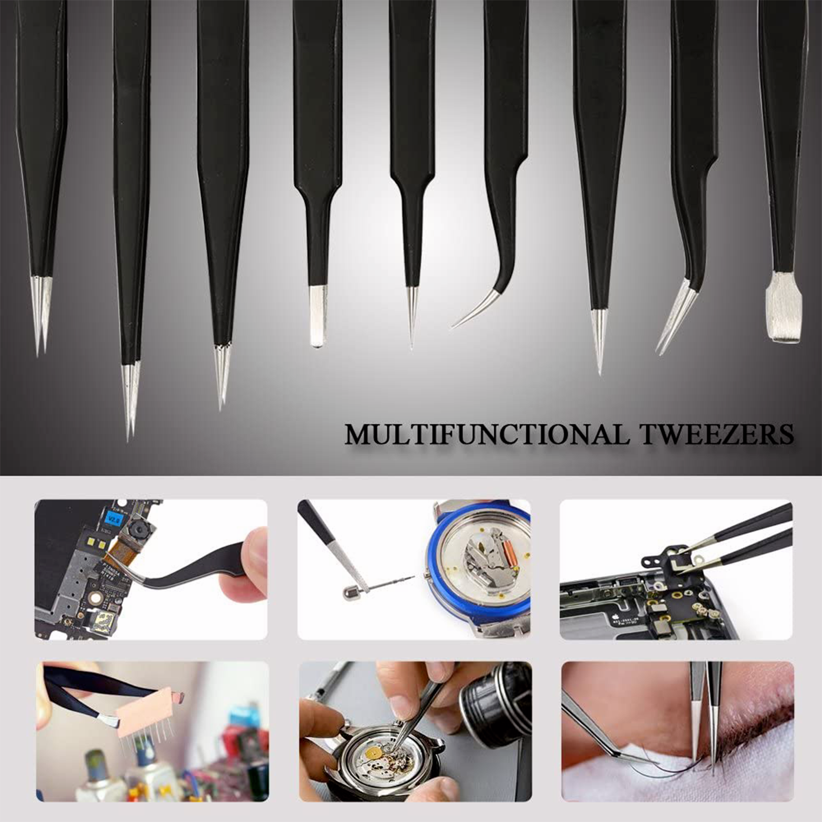 10 Pcs Precision ESD Anti-Static Repair Stainless Steel Tweezers Set Kit Tools Unbranded - фотография #12