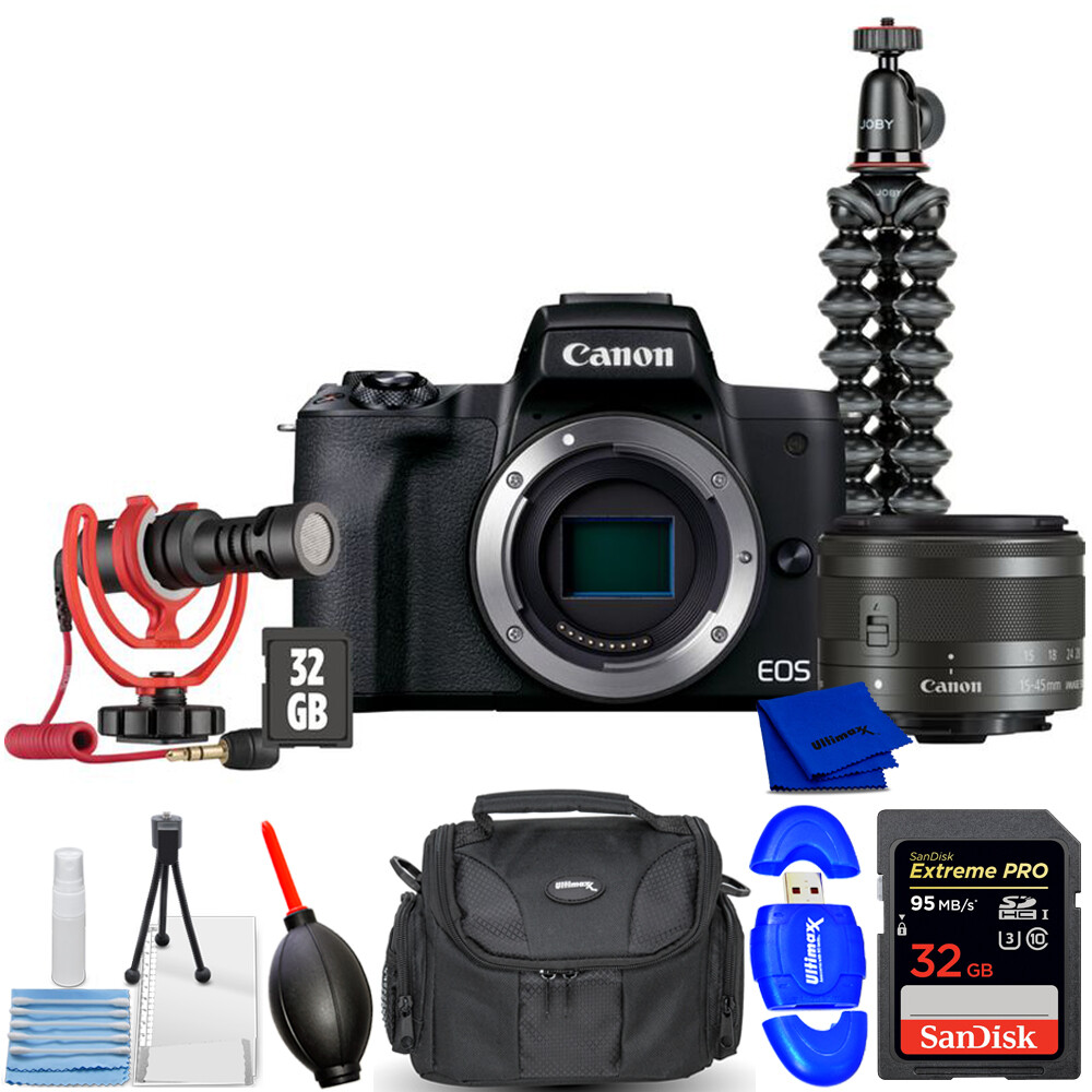 Canon EOS M50 Mark II Mirrorless Camera (Black) w/ 15-45mm Lens Vlogger 32GB Kit Canon 4728C048