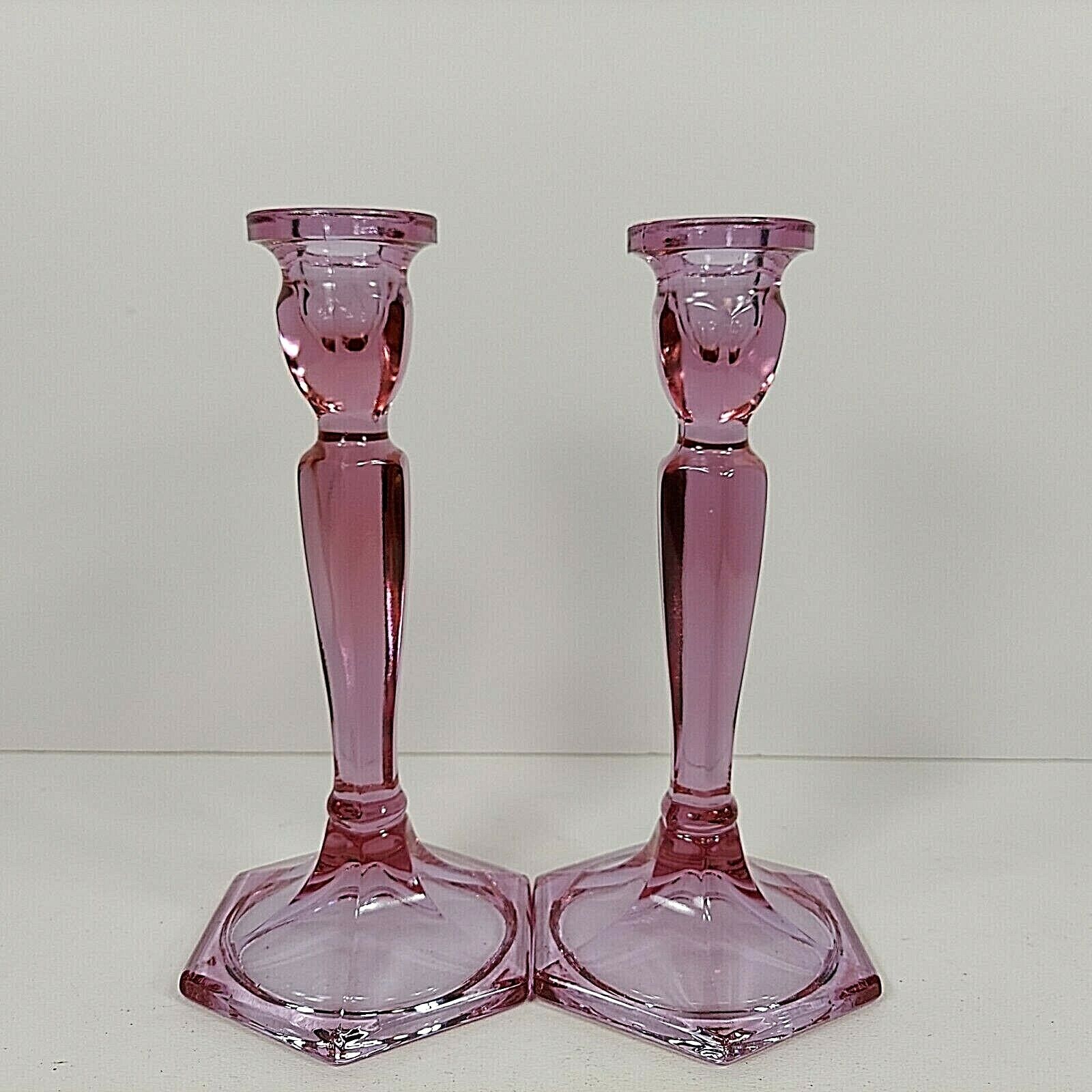Fenton Glass Candle Holders Purple Amethyst Pink Taper Candlesticks 8" VTG EUC Fenton
