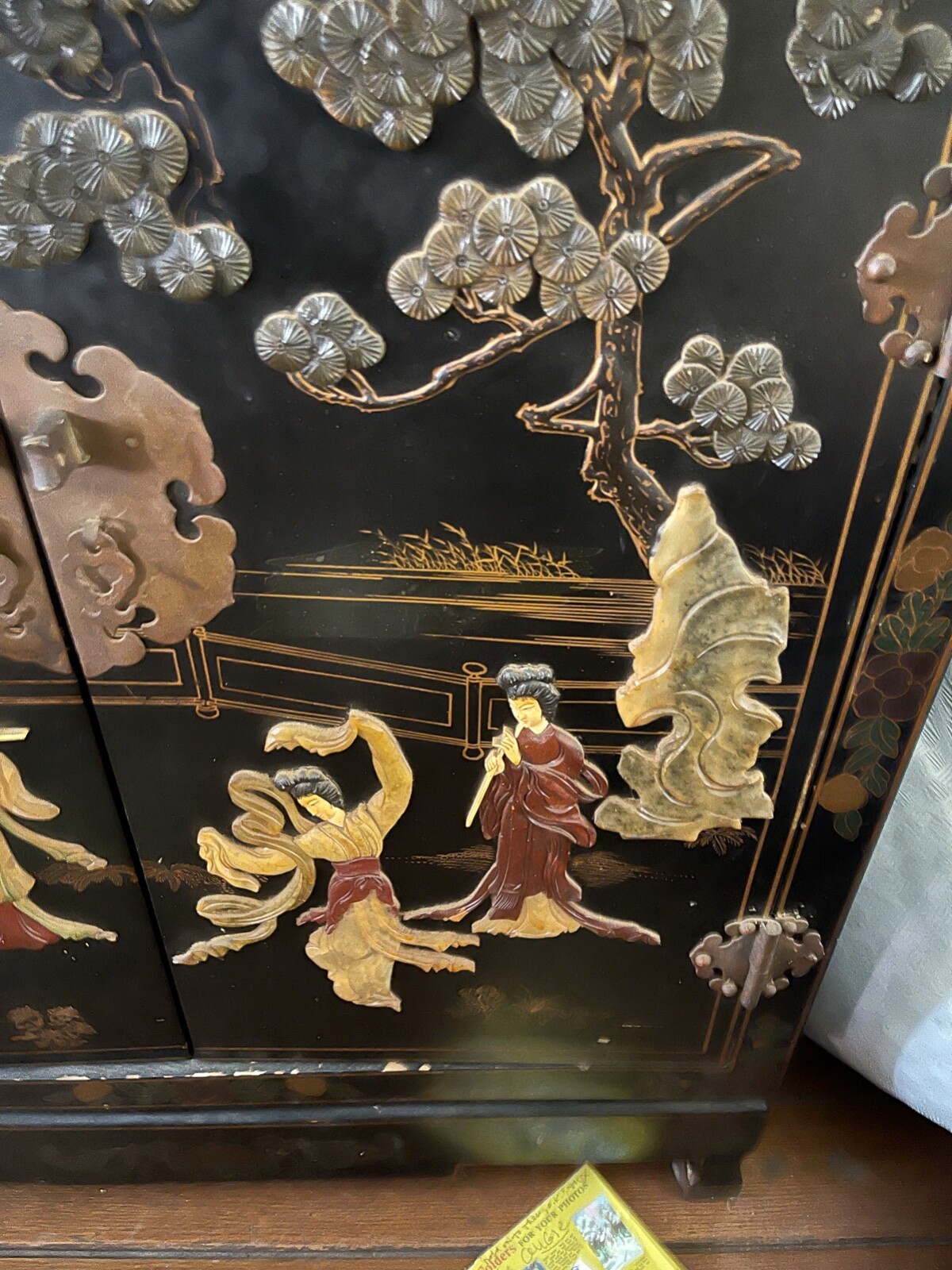 30" Antique 3D Oriental Chinese Furniture Black Lacquer Corner Cabinet Landscape Без бренда - фотография #4