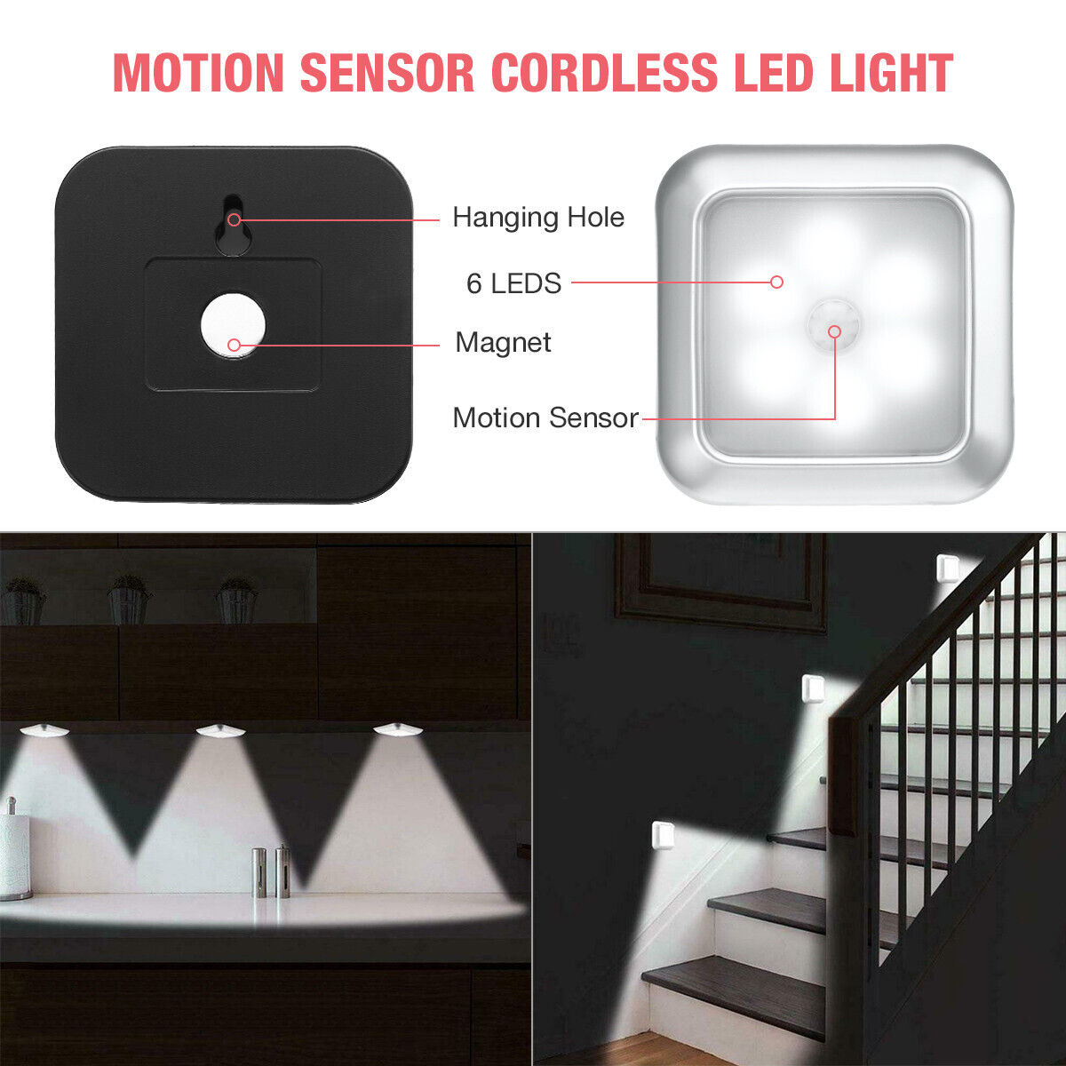 6-LED Wireless Motion Sensor Night Light Wall Cabinet Closet Stair Battery Lamp Housmile Under Cabinet Lights - фотография #6