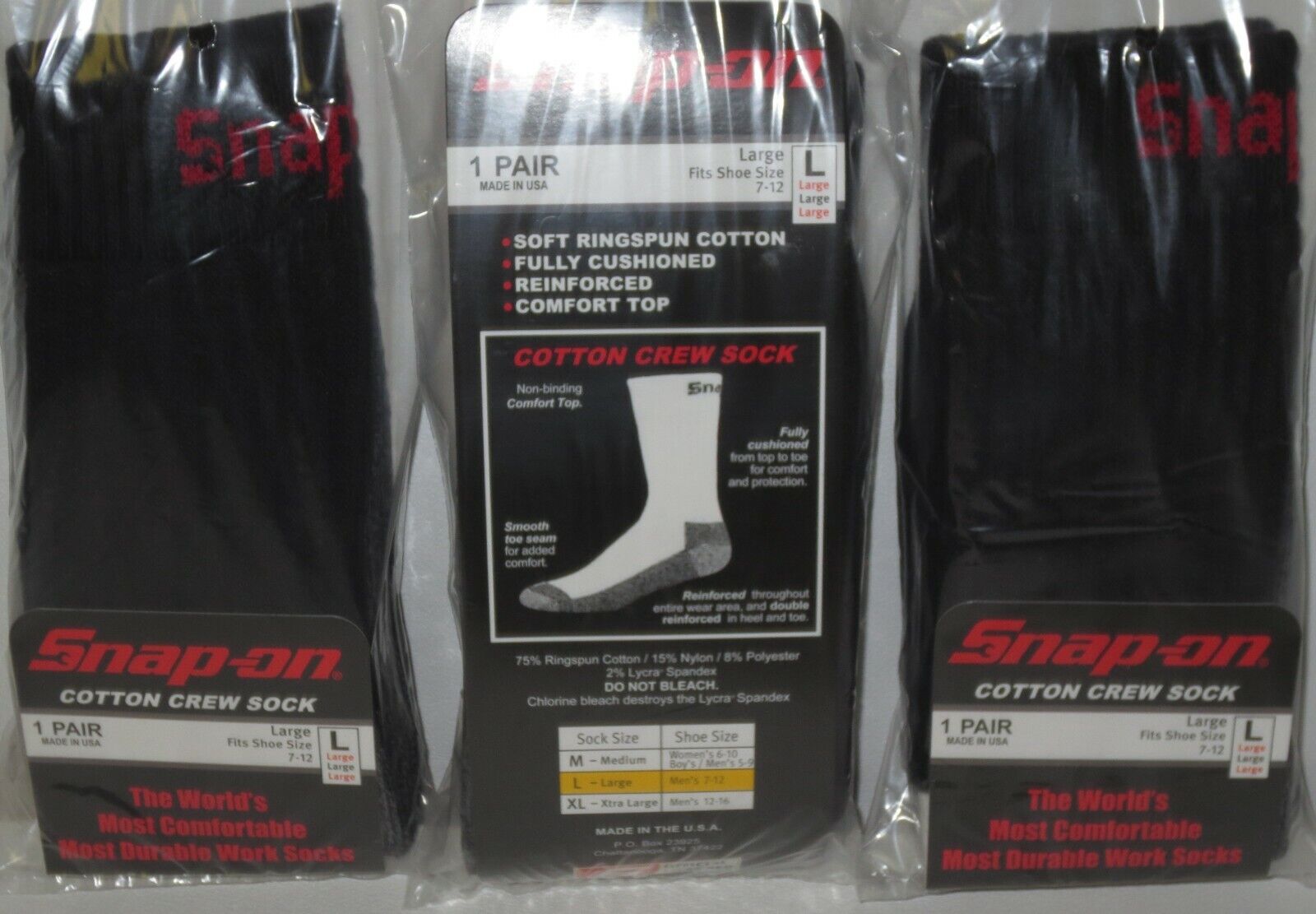 3 PAIRS Men's BLACK Snap-On Crew Socks LARGE ~ FREE SHIPPING ~ MADE IN USA *NEW* Snap-on - фотография #2
