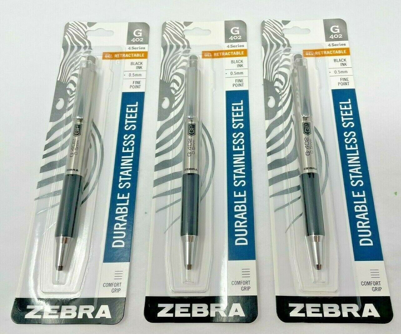 (3 Pack) Zebra Durable Stainless Steel Gel Pen, Fine 0.5mm, Black Ink (G 402) Zebra 49211