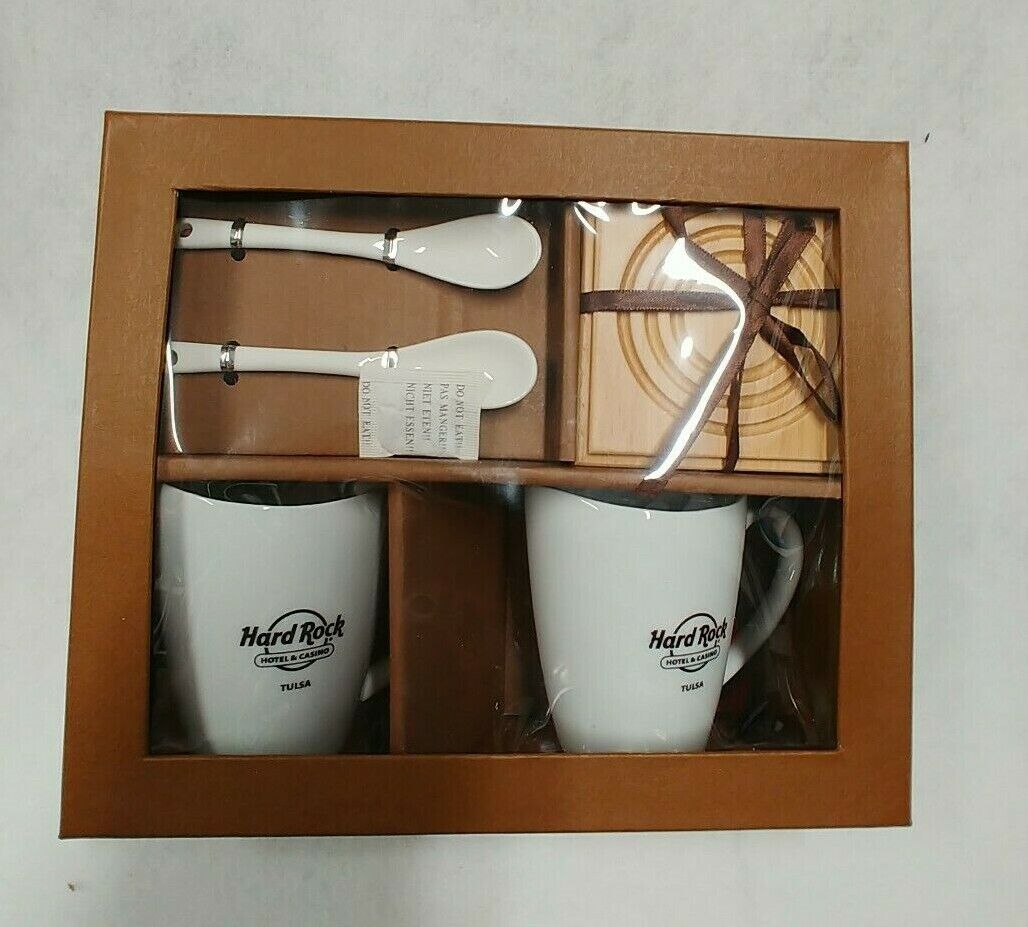 HARD ROCK Hotel Casino TULSA Logo Coffee for two Cup Spoon Coaster Gift Set  Hard Rock Cafe