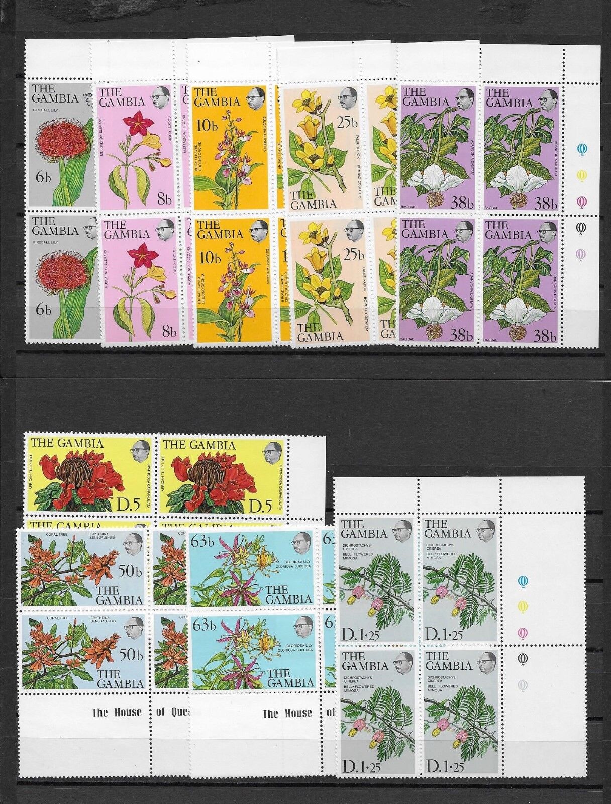 GAMBIA 1977 MNH REPRINTS IN 9 BLOCKS OF 4 FLOWERS CLERODENDRUM SPLENDENS Без бренда