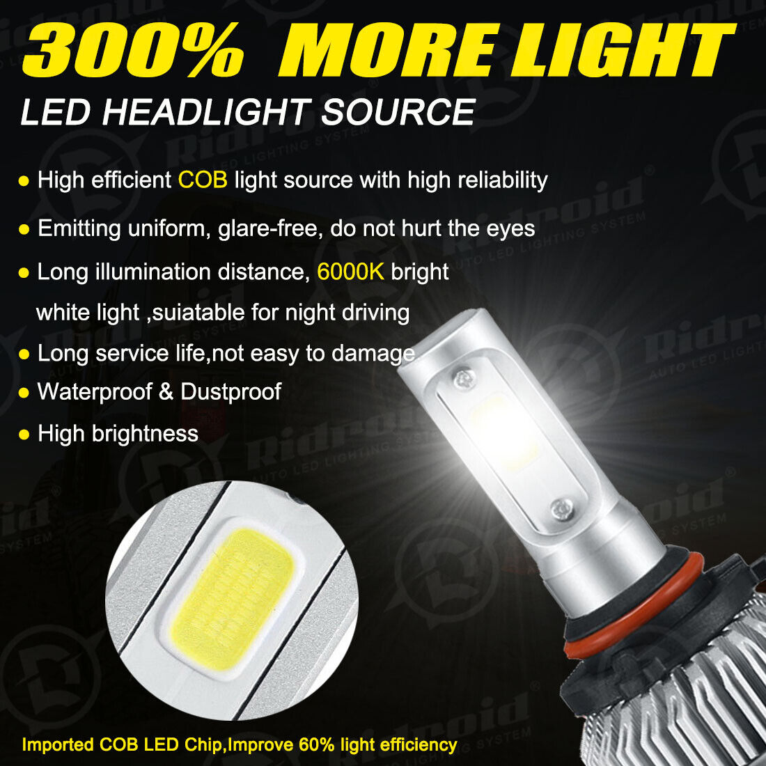 Plug &play 9005 HB3 LED Headlight Kit 2200W 330000LM Hi/Lo Beam Bulb 6000K White Ridroid LUY-221586VA - фотография #5