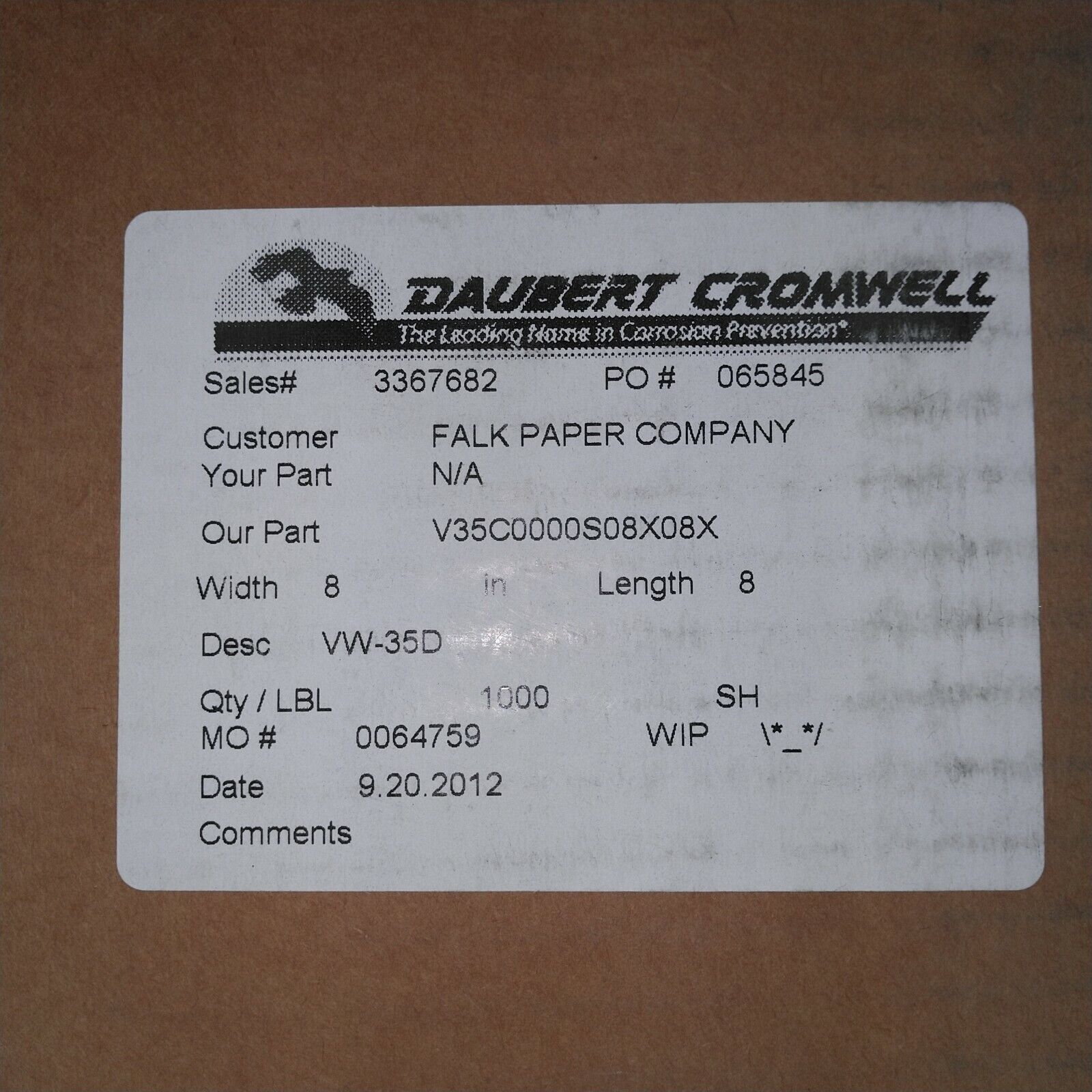 Lot of 25 VCI Paper 8"x8" Rust Prevention Storage Wrap Daubert Cromwell VW 35D Daubert Cromwell V35C0000S08X08X - фотография #6