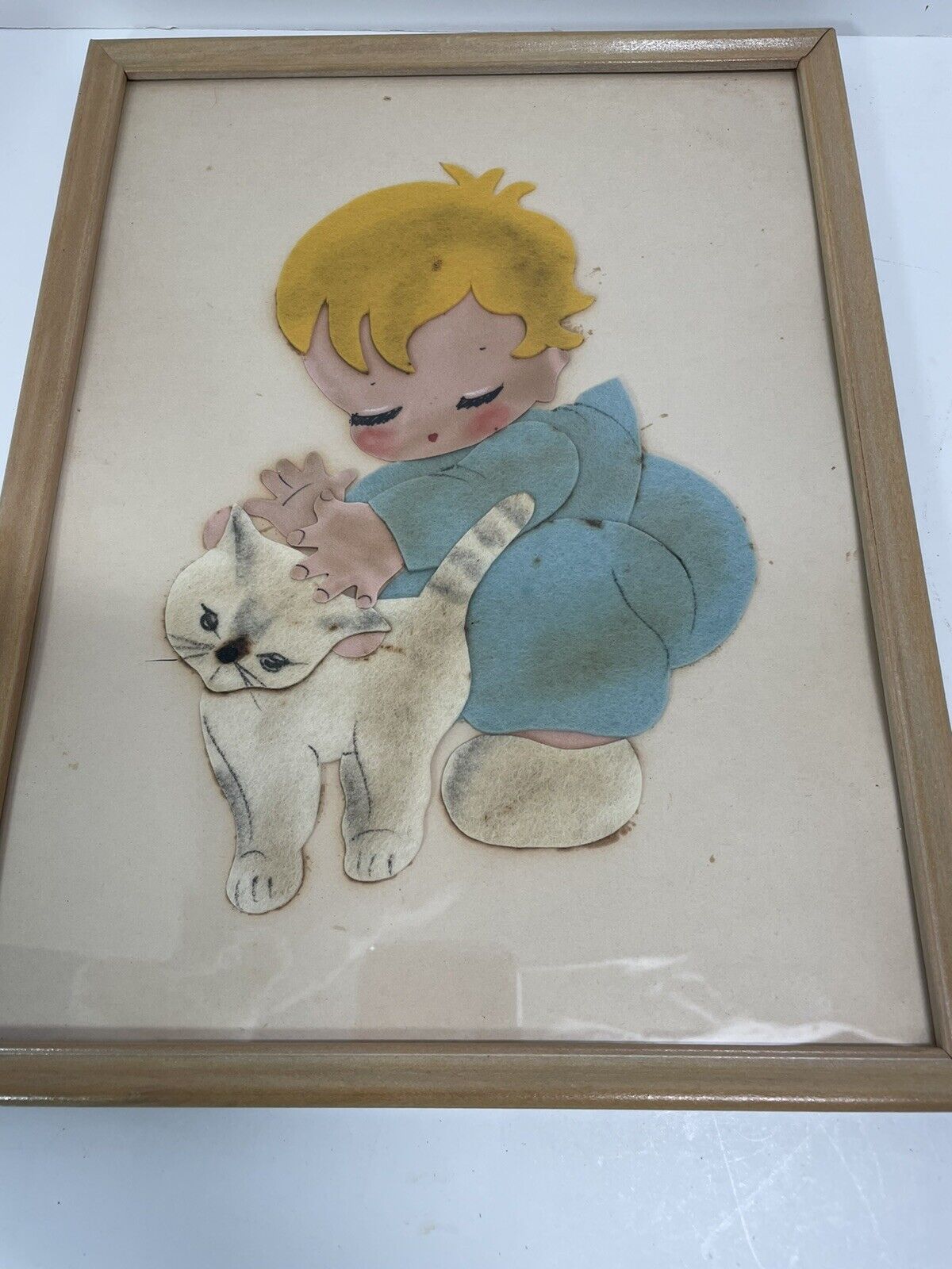1950's Vintage Set of Felt Wall Art Boy w Cat Girl with Dog Framed 12.5 x 9.5" Unbranded NA - фотография #8