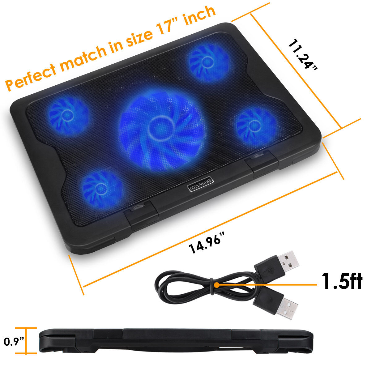 5 Fans Blue LED 2 USB Port Cooling Stand Pad Cooler For 12"-17" Laptop Notebook YELLOW-PRICE Does Not Apply - фотография #12