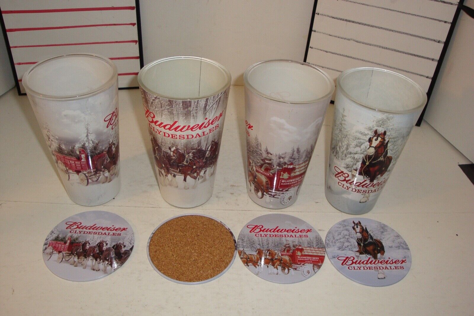 Vintage Budweiser Clydesdales pint beer glasses X 4 with Matching Coasters X 4 Budweiser - фотография #10