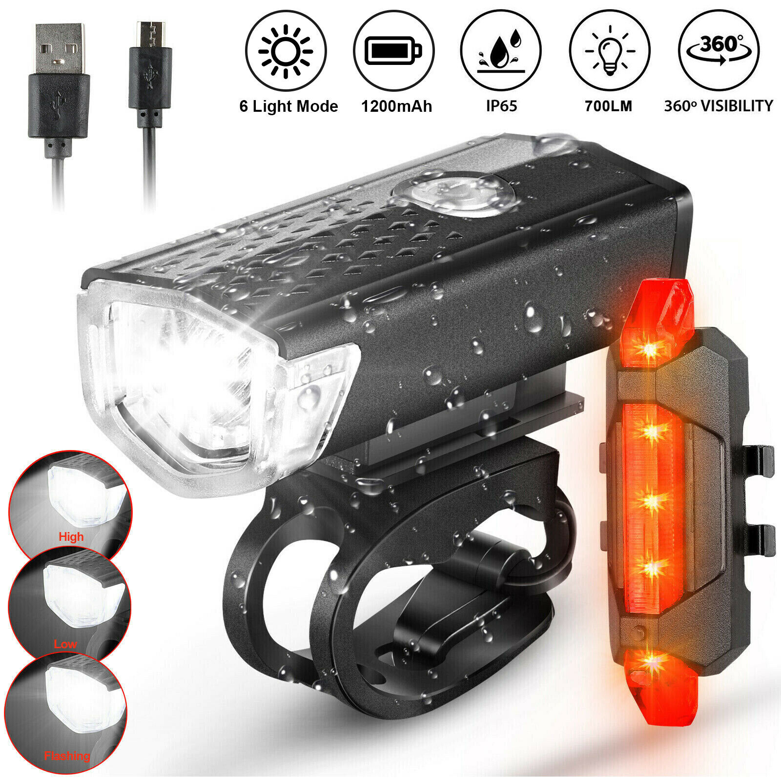 2Sets USB Rechargeable LED Bicycle Headlight Bike Head Light Front Rear Lamp Kit Kepeak Does Not Apply