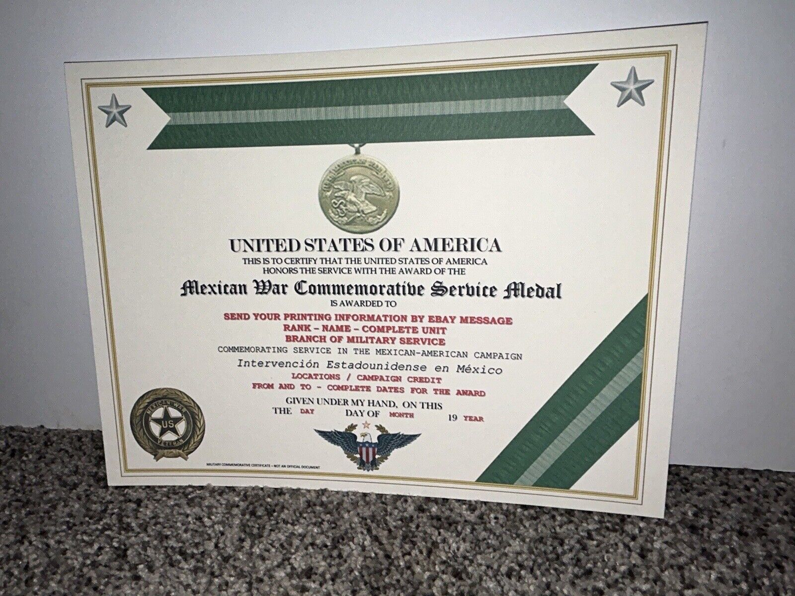 MEXICAN WAR COMMEMORATIVE SERVICE MEDAL CERTIFICATE ~ W/PRINTING TYPE-1 Без бренда - фотография #16