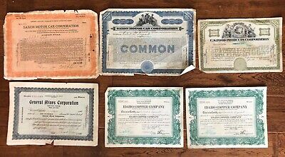 6 Stock Certificates Saxon Motor General Mines Idaho Copper Co US Food Product Без бренда