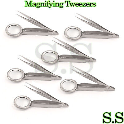 6 Magnifying Tweezers Forceps W/Magnifying Glass 3.50” EMS Surgical Instruments S.S